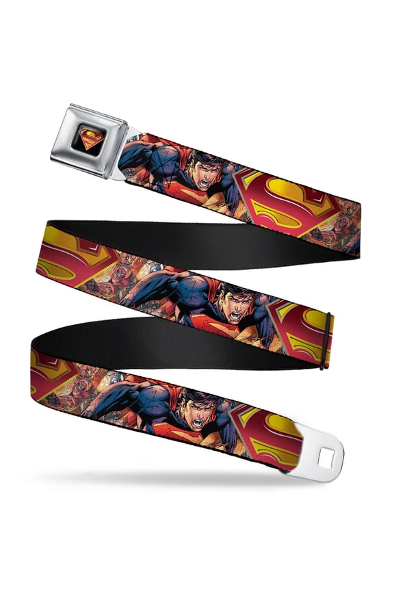 DC Comics Belt, Seatbelt Buckle Belt, Superman Unchained Explosion Action Pose Wraith Shield Golds, 34 to 52 Inches