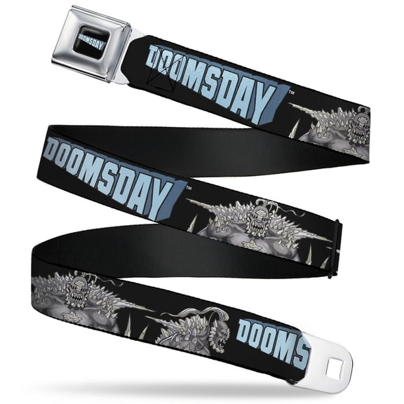 DC Comics Belt, Seatbelt Buckle Belt, Superman Villain Doomsday Pose and Title Logo Black, 34 to 52 Inches