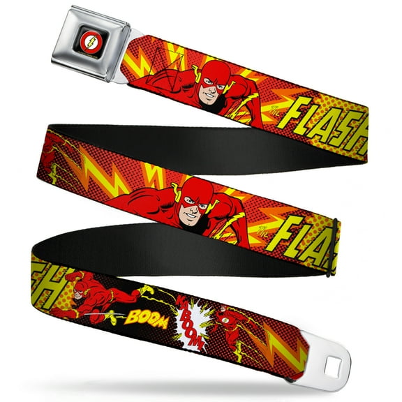 DC Comics Belt, Seatbelt Buckle Belt, The Flash Boom Kaboom, 34 to 52 Inches