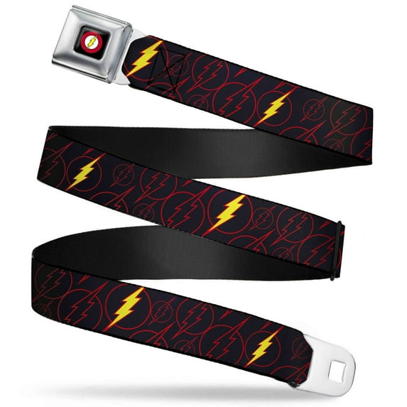 DC Comics Belt, Seatbelt Buckle Belt, The Flash Logo Scattered Black Red Yellow, 24 to 38 Inches
