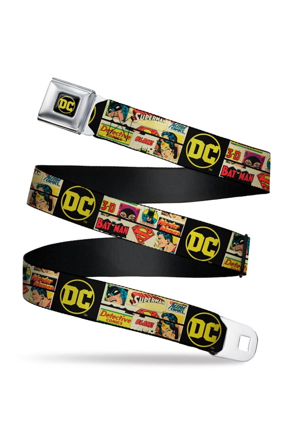 DC Comics Belt, Seatbelt Buckle Belt, Vintage DC Comics Superhero and Logos Collage Black, 24 to 38 Inches