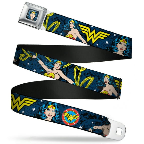 DC Comics Belt, Seatbelt Buckle Belt, Wonder Woman Face Poses Logos Comic Scenes Blues Yellow, 30 to 44 Inches