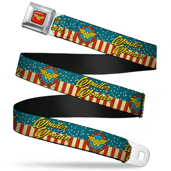 DC Comics Belt, Seatbelt Buckle Belt, Wonder Woman Logo Americana Red White Blue Yellow, 34 to 52 Inches