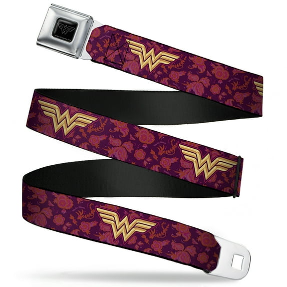 DC Comics Belt, Seatbelt Buckle Belt, Wonder Woman Logo Floral Collage Purple Pinks Gold, Youth 22 to 32 Inches