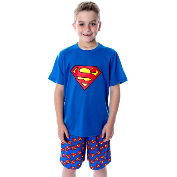 DC Comics Boys' Superman Logo Superhero Short-Sleeve 2-Piece Pajama Short Set