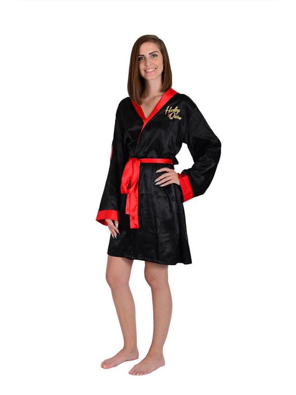 Bombshells Womens Silky Black Satin Harley Quinn Bathrobe Bath Robe