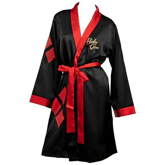 DC Comics Bombshells Womens Silky Black Satin Harley Quinn Bathrobe Bath Robe