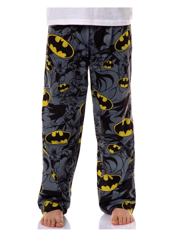 DC Comics Boys' Classic Yellow Black Logo Gotham Caped Crusader Action Poses All-Over Print Lounge Sleep Pajama Pants