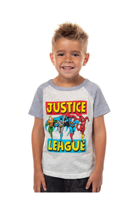 DC Comics Boys' Justice League Superhero Lineup Collectible Raglan Kids Youth Graphic T-Shirt