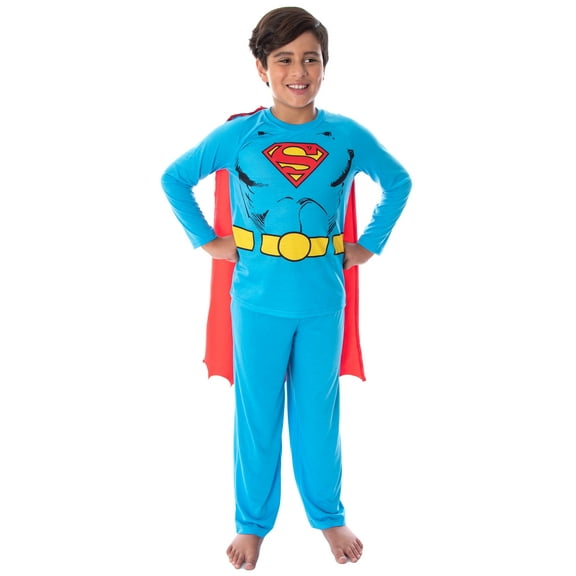 DC Comics Kids' Superman Suit 2PC Long-Sleeve Raglan Shirt Pajama Pant Set with Detachable Cape For Boys Girls