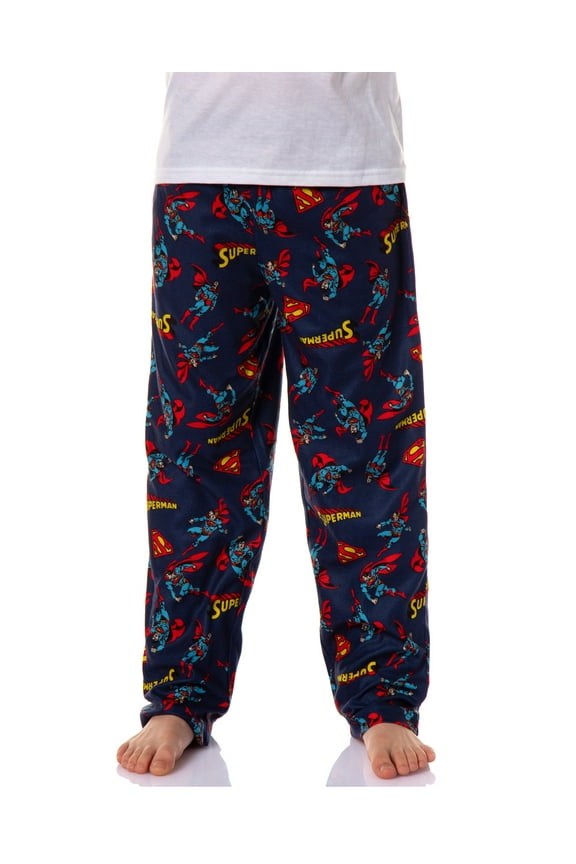 DC Comics Boys' Superman In Action Shield Emblem Logo Retro Title All-Over Print Pajama Lounge Pants Sleepwear