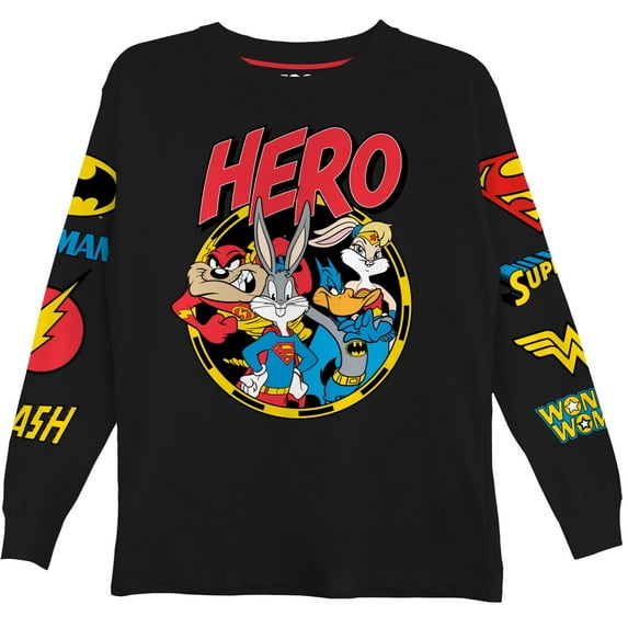 DC Comics Boys Superman Super Hero Long Sleeve T-Shirt, Looney Tunes for Little and Big Boys Sizes 4-20, Black, 14-16