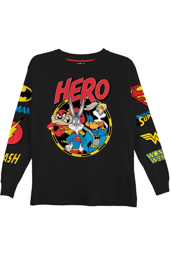 Boys Superman Super Hero Long Sleeve T-Shirt, Looney Tunes for Little and Big Boys Sizes 4-20, Black, 6-7