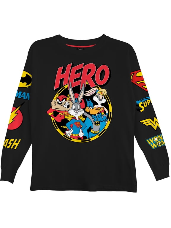 Boys Superman Super Hero Long Sleeve T-Shirt, Looney Tunes for Little and Big Boys Sizes 4-20, Black, 6-7