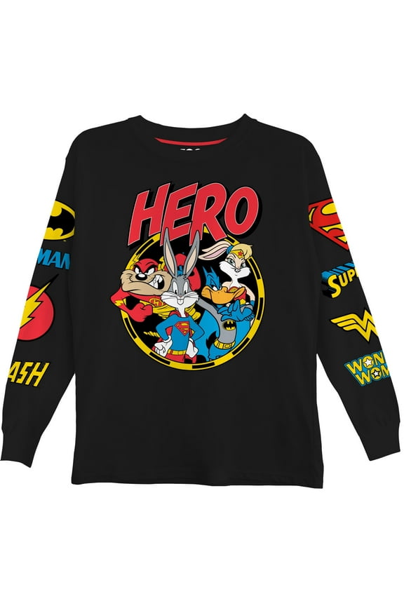 Boys Superman Super Hero Long Sleeve T-Shirt, Looney Tunes for Little and Big Boys Sizes 4-20, Black, 8