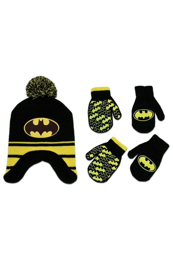 Boys Winter Hat Set - Batman Beanie and 2 Pair of Gloves (Ages 2-4)