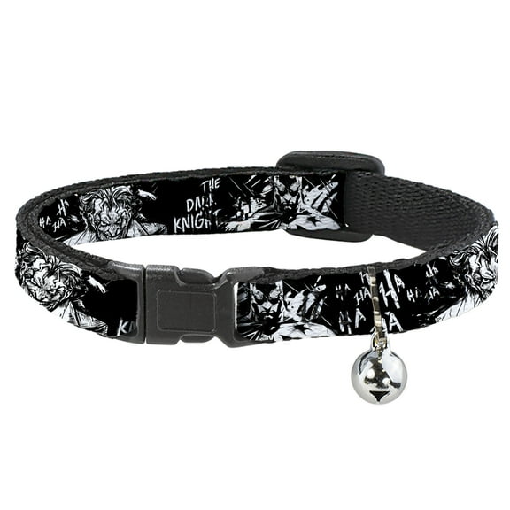 DC Comics Breakaway Cat Collar With Bell, Plastic Clip, Easy Adjustable, Batman The Dark Knight and Joker Smiling Close Up Black, 8.5 to 12 Inches 0.5 Inch Wide