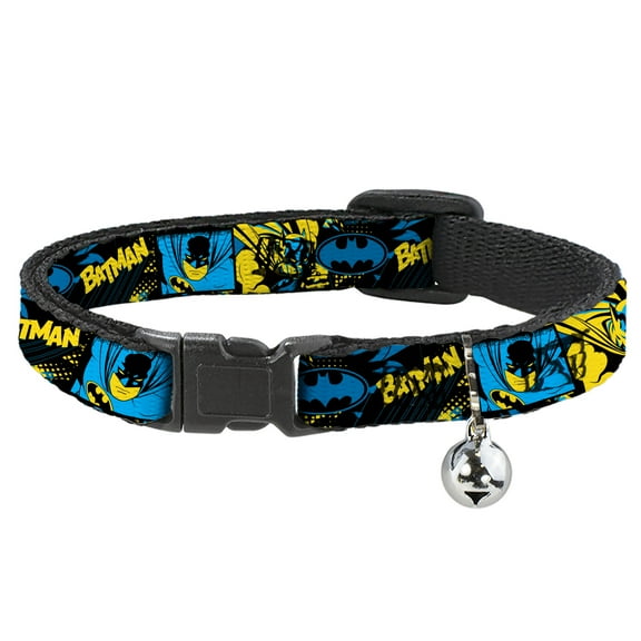 DC Comics Breakaway Cat Collar With Bell, Plastic Clip, Easy Adjustable, Batman Poses and Logo Collage Black Blue Yellow, 8.5 to 12 Inches 0.5 Inch Wide