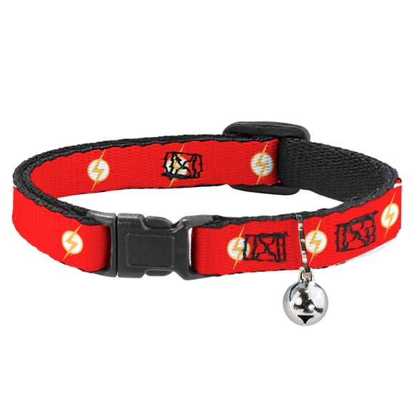 DC Comics Breakaway Cat Collar With Bell, Plastic Clip, Easy Adjustable, DC League of Super Pets Flash Bolt Logo Red Yellow White, 8.5 to 12 Inches 0.5 Inch Wide