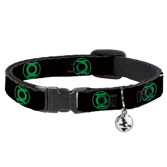 DC Comics Breakaway Cat Collar With Bell, Plastic Clip, Easy Adjustable, DC League of Super Pets Green Lantern Logo Black Green, 8.5 to 12 Inches 0.5 Inch Wide