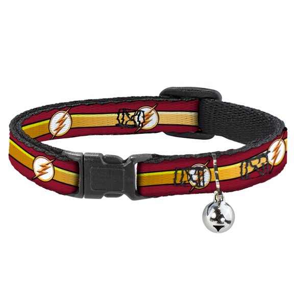 DC Comics Breakaway Cat Collar With Bell, Plastic Clip, Easy Adjustable, The Flash Logo11 Stripe Burgundy Black Gold White, 8.5 to 12 Inches 0.5 Inch Wide