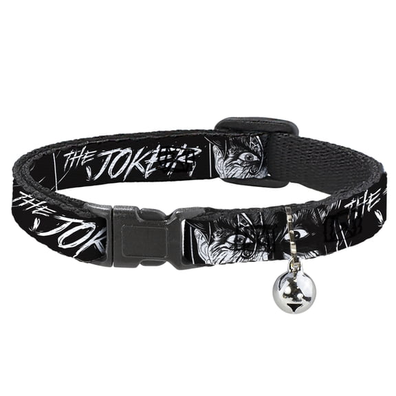 DC Comics Breakaway Cat Collar With Bell, Plastic Clip, Easy Adjustable, The Joker Smiling Eyes Sketch Close Up Black White, 8.5 to 12 Inches 0.5 Inch Wide