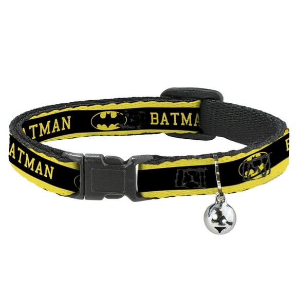 DC Comics Breakaway Cat Collar With Bell, Plastic Clip, Easy Adjustable, Batman Logo Stripe Yellow Black, 8.5 to 12 Inches 0.5 Inch Wide