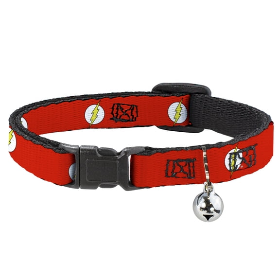 DC Comics Breakaway Cat Collar With Bell, Plastic Clip, Easy Adjustable, Flash Logo Red White Yellow, 8.5 to 12 Inches 0.5 Inch Wide