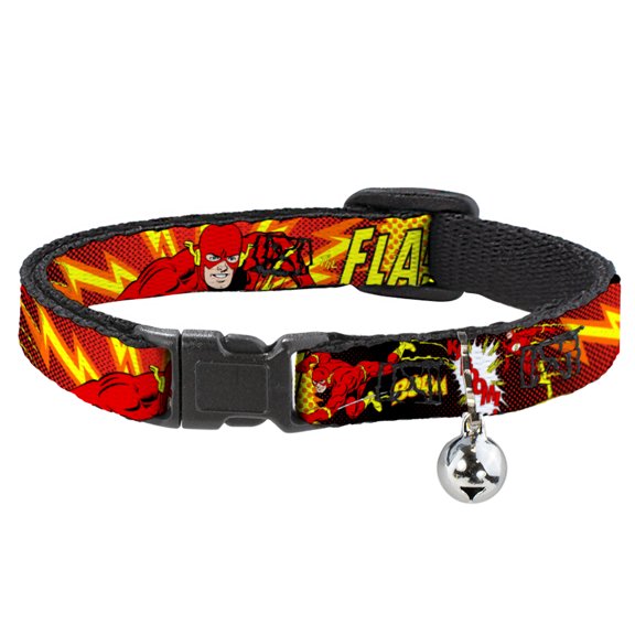 DC Comics Breakaway Cat Collar With Bell, Plastic Clip, Easy Adjustable, The Flash Boom Kaboom, 8.5 to 12 Inches 0.5 Inch Wide