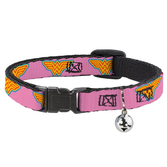DC Comics Breakaway Cat Collar With Bell, Plastic Clip, Easy Adjustable, Wonder Woman Logo Pink Blue Yellow Pink, 8.5 to 12 Inches 0.5 Inch Wide