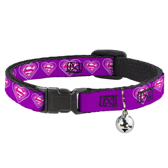 DC Comics Breakaway Cat Collar With Bell, Plastic Clip, Easy Adjustable, Superman Logo In Heart Purple White Pink, 8.5 to 12 Inches 0.5 Inch Wide
