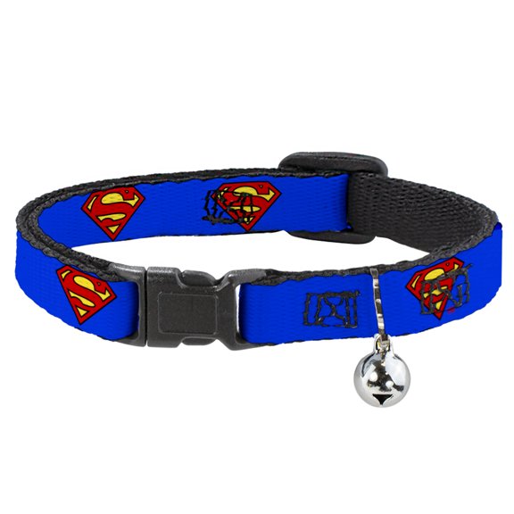 DC Comics Cat Collar, Breakaway Collar with Bell, Superman Shield Blue, 8.5 to 12 Inches 0.5 Inch Wide