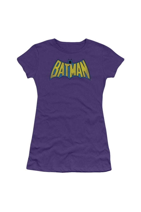 DC Comics Classic Batman Logo Distressed S/S Junior Women's T-Shirt Sheer-Purple