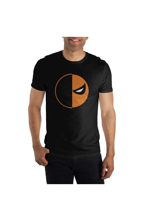 DC Comics Deathstroke Slade Joseph Wilson Orange And Black Mask Men's Black T-Shirt-XX-Large