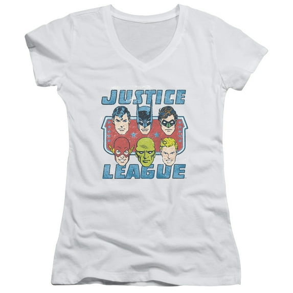 DC Comics Faces Of Justice Junior Women's V-Neck T-Shirt White