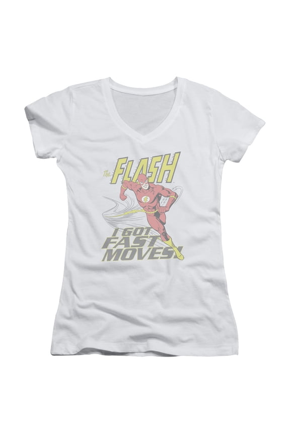 DC Comics Flash Fast Moves Junior Women's V-Neck T-Shirt White