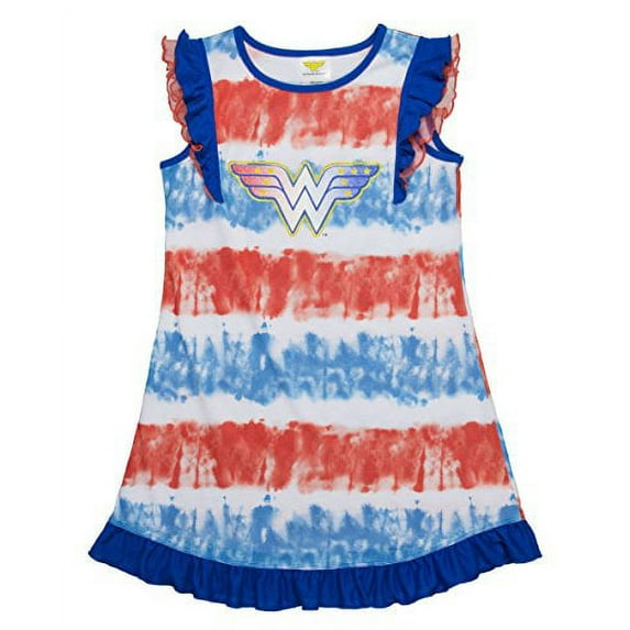 DC Comics Girls' Big Wonder Woman Logo Short Sleeve Pajama Dress, BLURED, 10/12