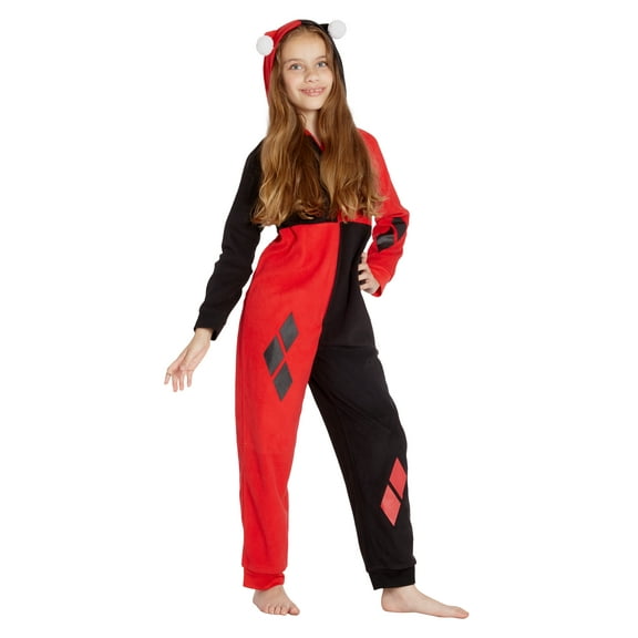 DC Comics Girls' Harley Quinn One Piece Union Suit Hooded Lounge Fleece Pajama Loungewear Sleepwear