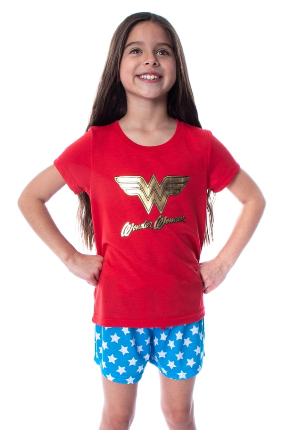 DC Comics Girls' Wonder Woman Gold Foil Logo Shirt and Shorts Pajama Set