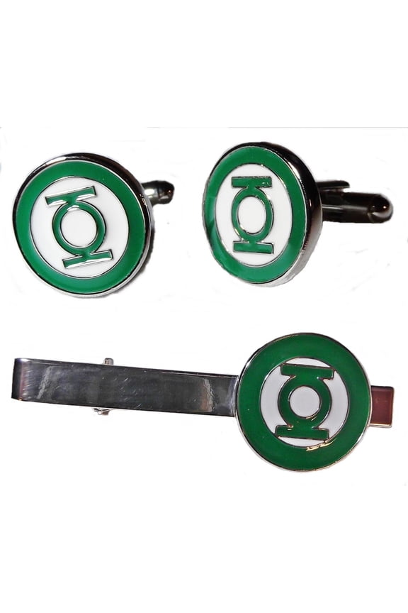DC Comics Green Lantern Logo Silvertone/Enamel Tie Clip & Cufflinks Set