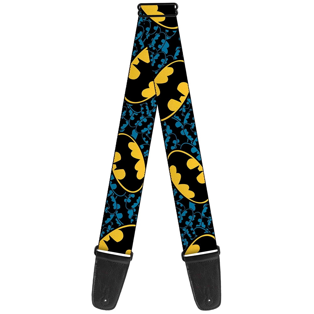 DC Comics Guitar Strap, Bat Signals Stacked Close Up Blue Black Yellow, 2 Inches Wide
