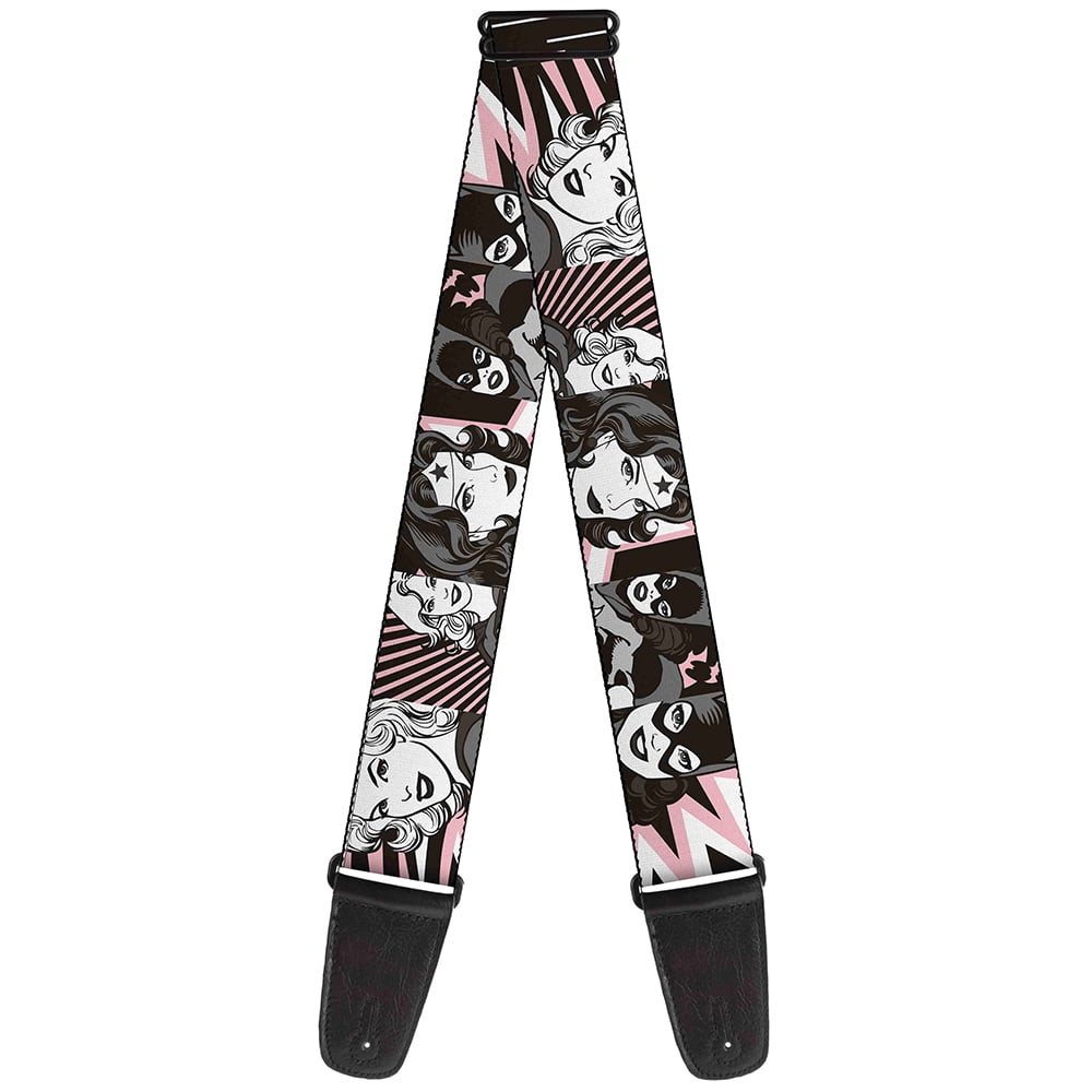 DC Comics Guitar Strap, Batgirl Wonder Woman Supergirl Retro Panels Black Pink White, 2 Inches Wide