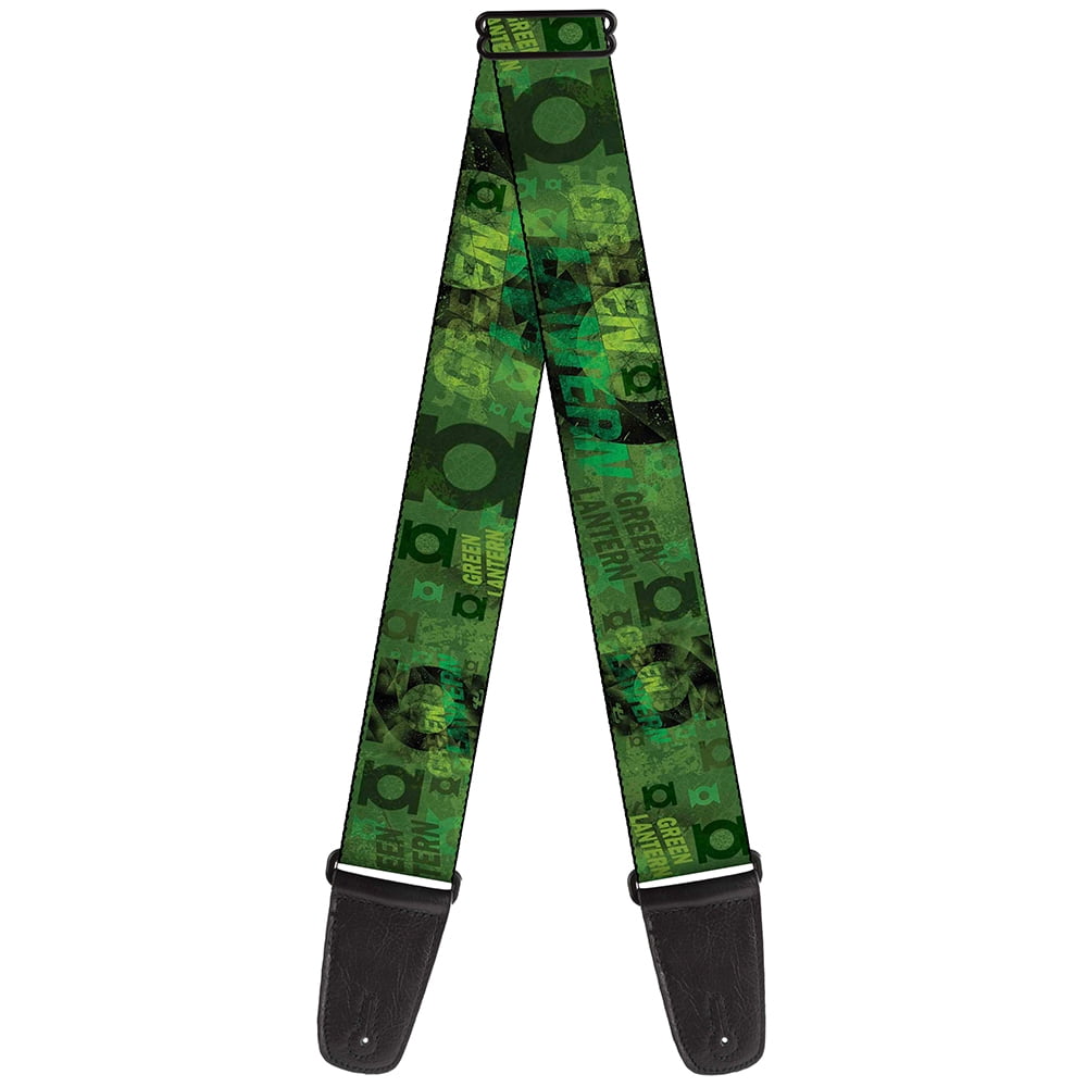 DC Comics Guitar Strap, Green Lantern Logo Collage Weathered Greens, 2 Inches Wide