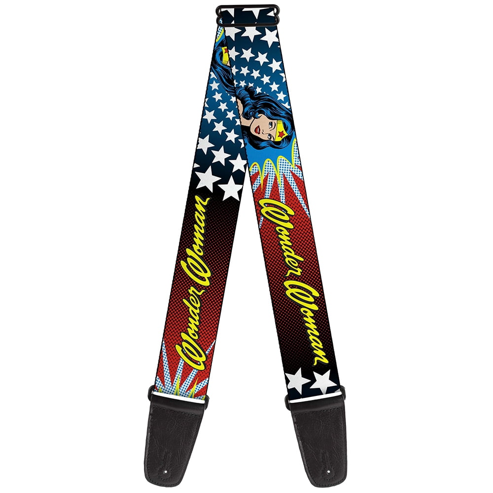 DC Comics Guitar Strap, Wonder Woman Face Stars, 2 Inches Wide