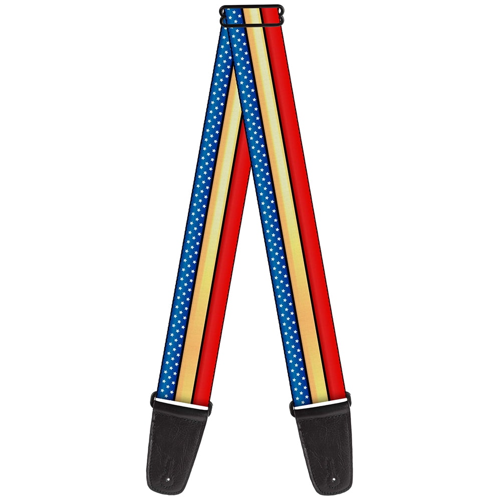 DC Comics Guitar Strap, Wonder Woman Stripe Stars Red Gold Blue White, 2 Inches Wide