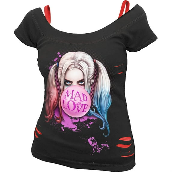 Spiral Harley Quinn - Mad Love - 2 in1 Red Ripped Women's Top Black