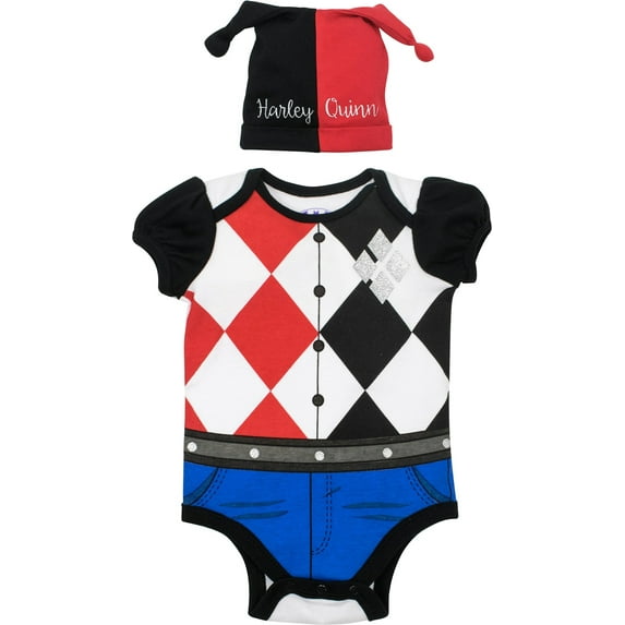 DC Comics Harley Quinn Newborn Baby Girls Costume Bodysuit and Hat Set Newborn