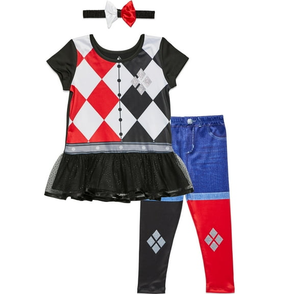 DC Comics Harley Quinn Newborn Baby Girls Costume Dress Leggings and Headband 3 Piece Set Newborn to Big Kid