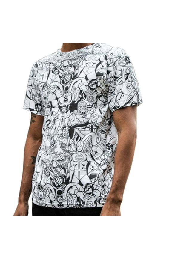 DC Comics Heroes All-Over Print Men's T-Shirt White Short Sleeve (XL)
