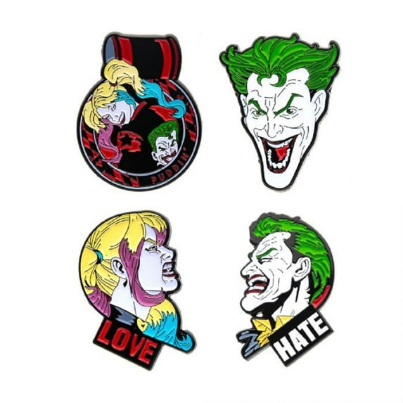 DC Comics: Joker Harley Quinn Face, Original Artwork - Enamel Pin Set for Unisex (4 Pieces)